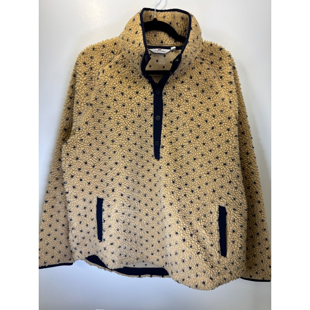 Vineyard Vines Womens XL‎ Sherpa Fleece Heart Pullover Snap Mock Neck Tan Navy